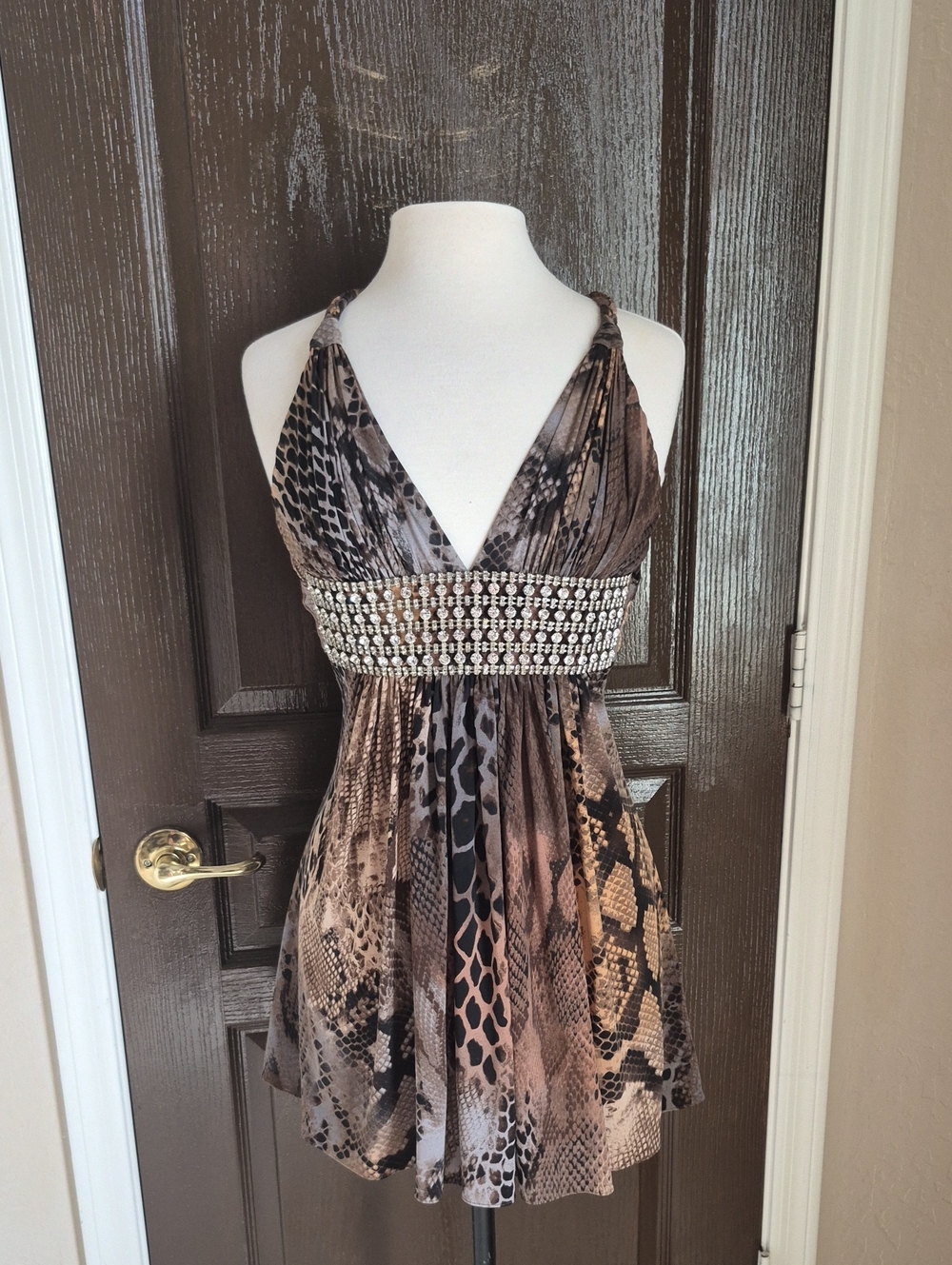 Sky Studded Empire Waist Animal Print Halter Dress in Brown and Tan Nwot